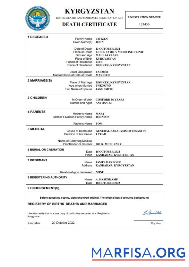 Downloadable Kyrgyzstan death certificate Word and PDF template